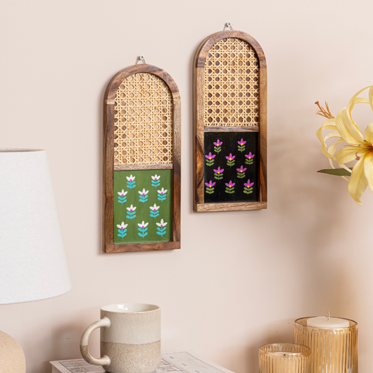Mirai Woods Arched Wall Decor – Set of 2 | Hand-Painted Sheesham Wood & Rattan Cane Jali Wall Hanging |