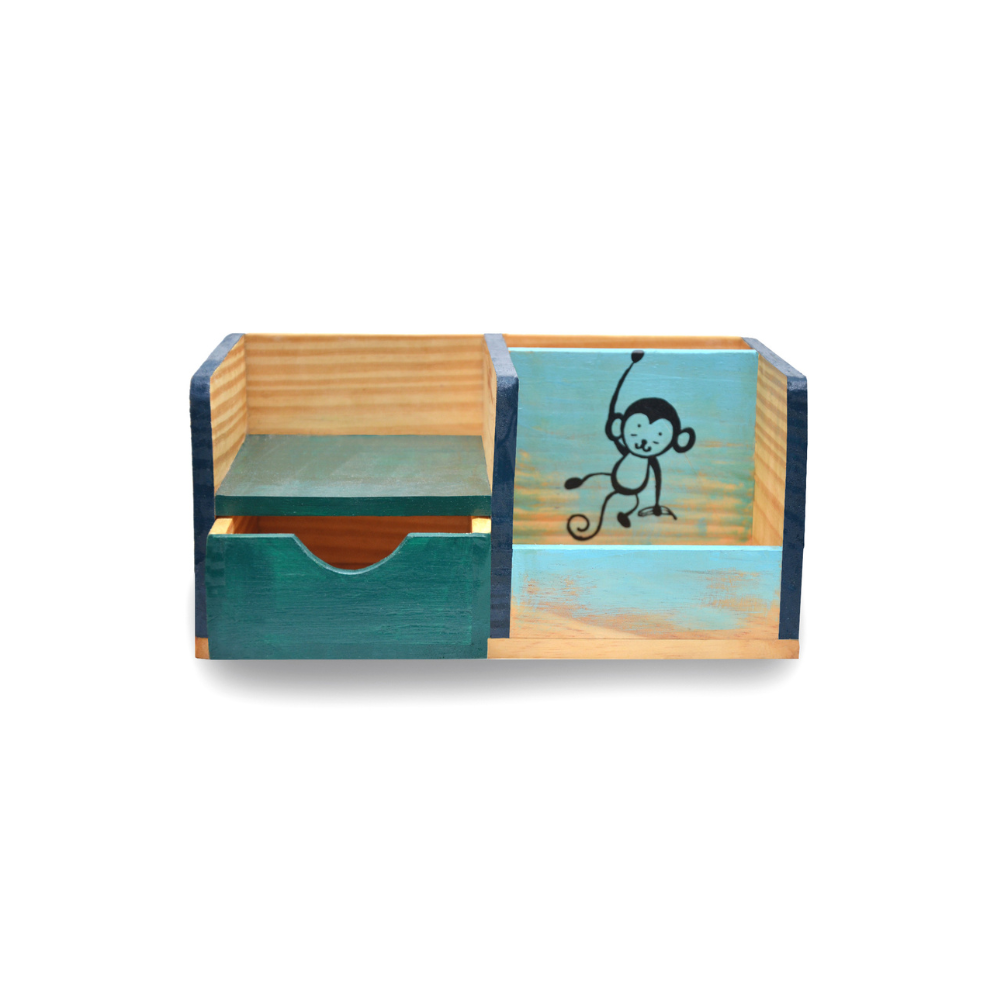 Monkey & Banana Hand-Painted Wooden Desk Organizer | Artistic Pen Stand