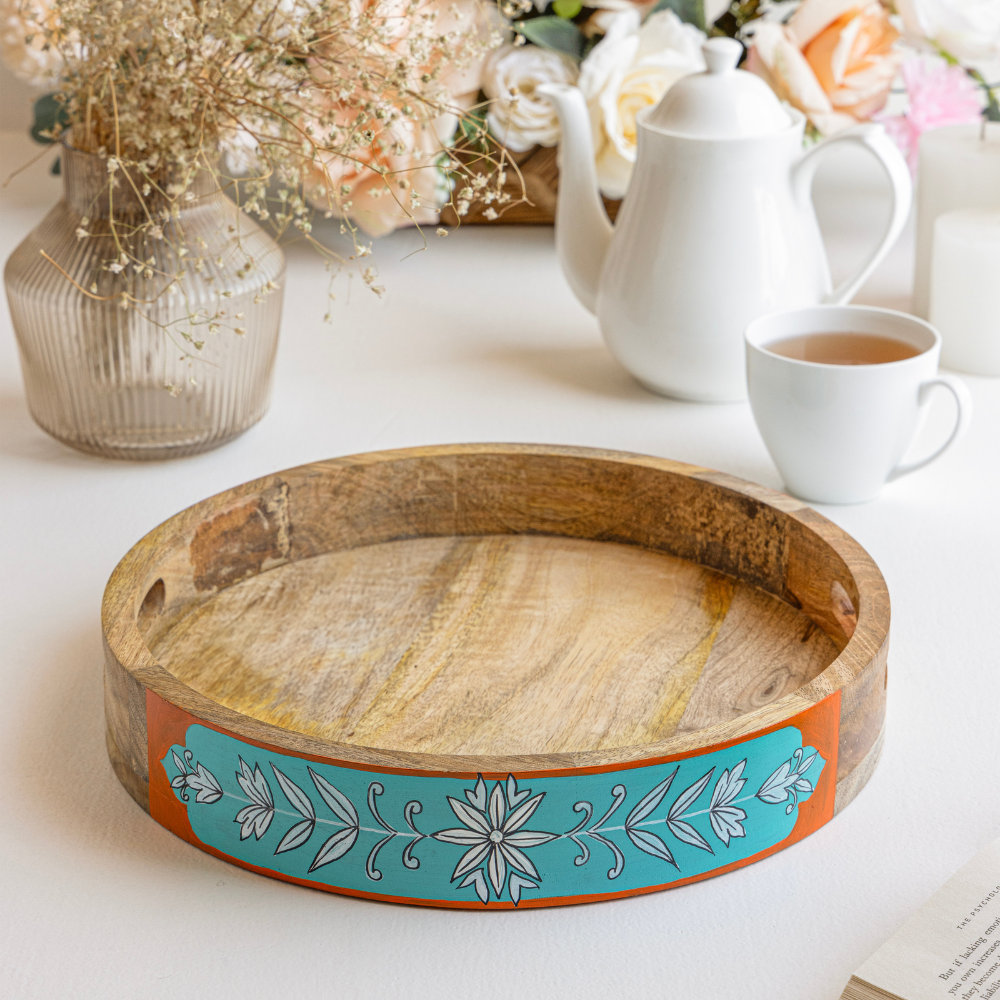 Arit Hand-Painted Mango Wood Serving Tray | 12” Round Tray