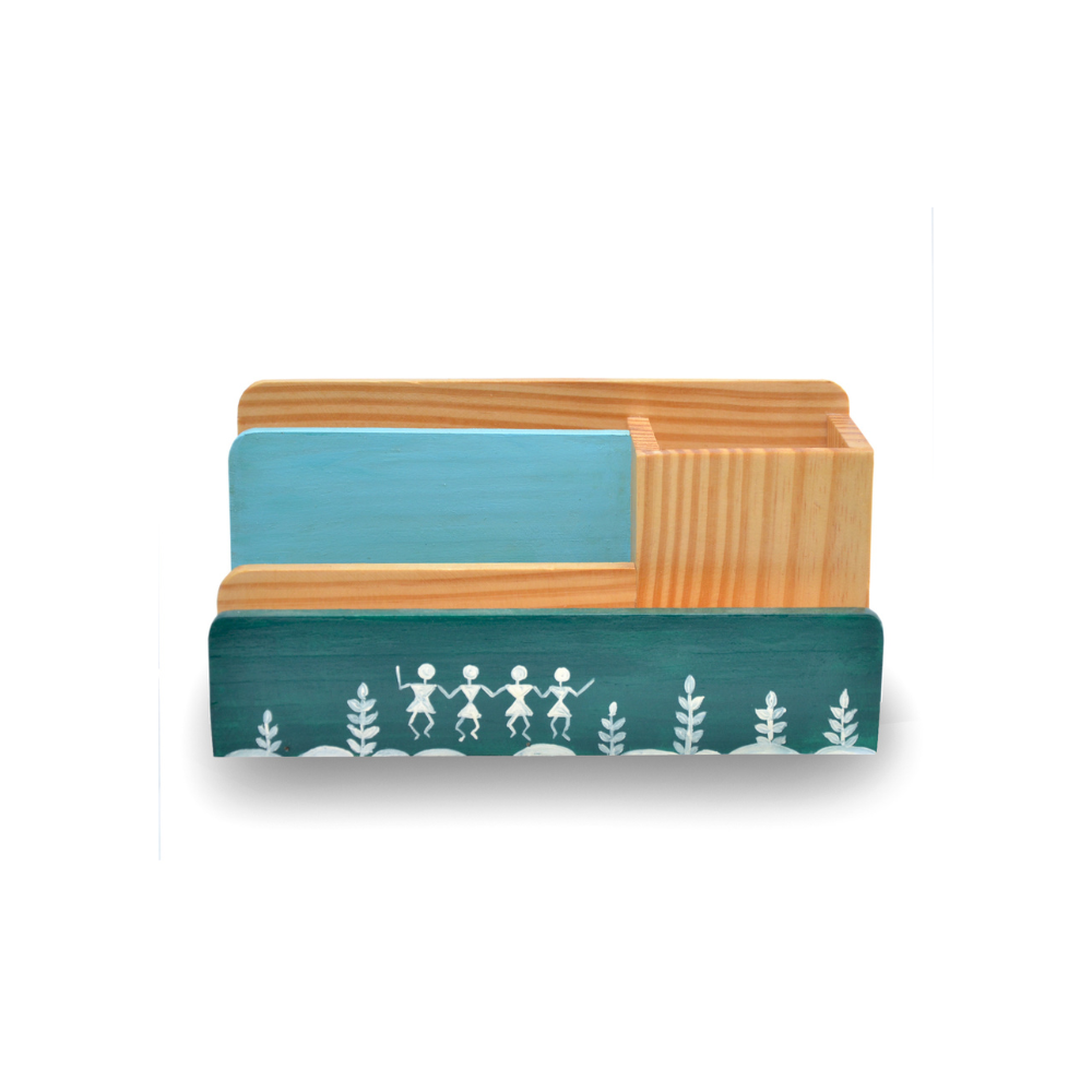 Dancing Tribal Hand-Painted Wooden Desk Organizer | Pen Stand & Book Holder