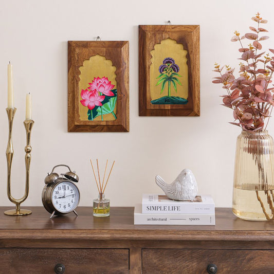 "Padma-Kusuma Dvayam" Sheesham Wall Plates (Set of 2) | Mirai Woods