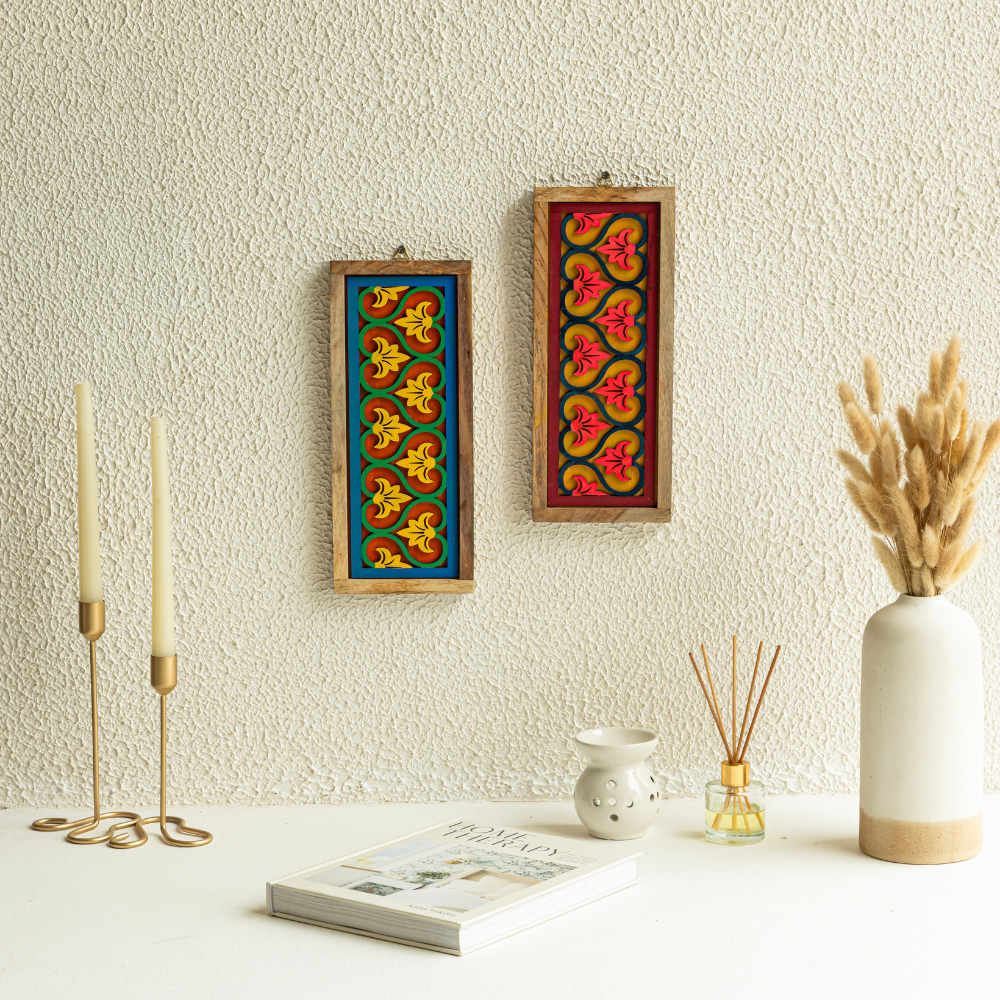 Mirai woods ¨ Sristi-Wall Plates Decor Hanging for Home | Living Room | Dining | Staircase | Wall Hanging | Hand Painted Solid Wood Vertcial Plates | Set of 2 | Size-5"x12"