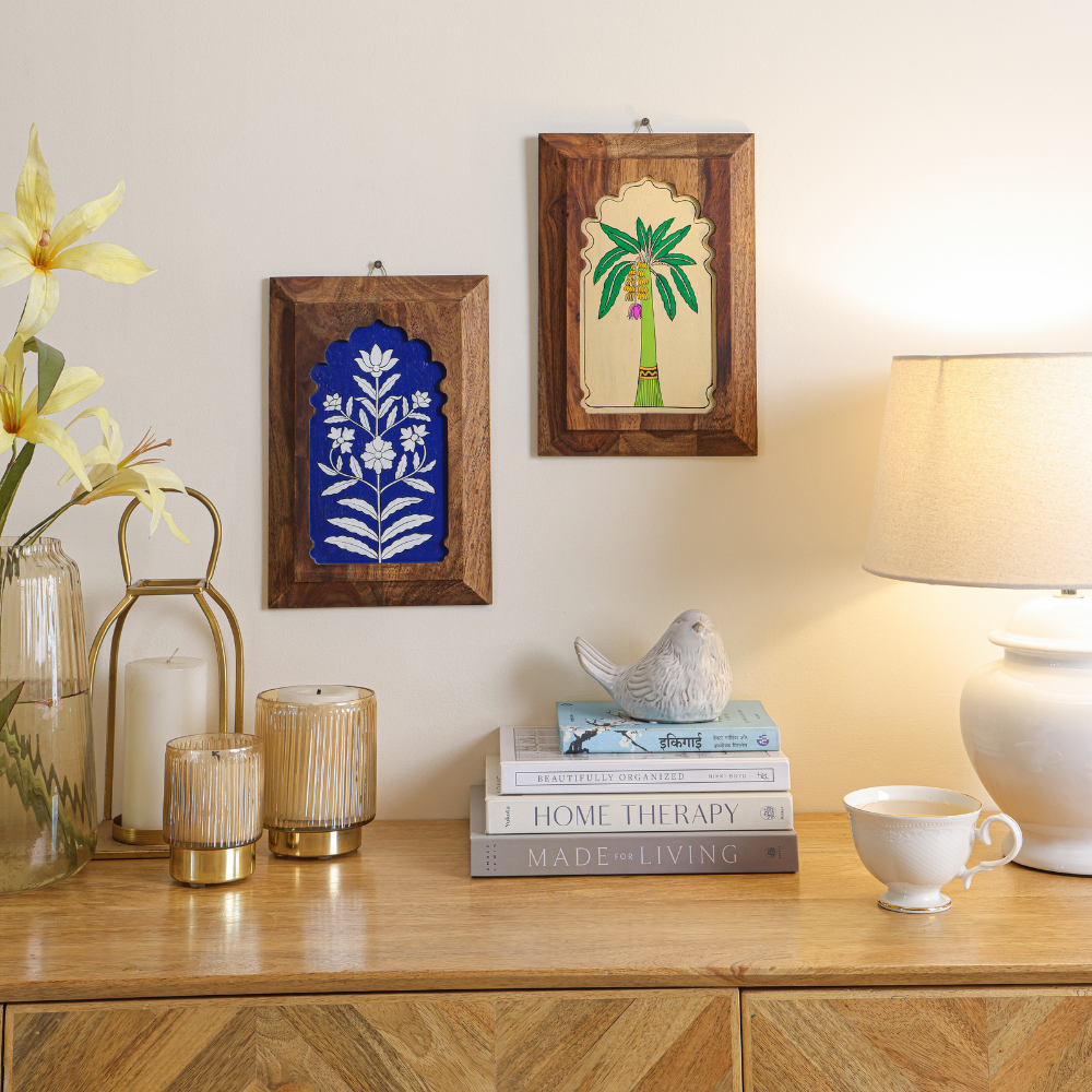 Set of two Bhaskar wall decor Jharokha panels by Mirai Woods, featuring intricate carved wooden designs for traditional home accents.