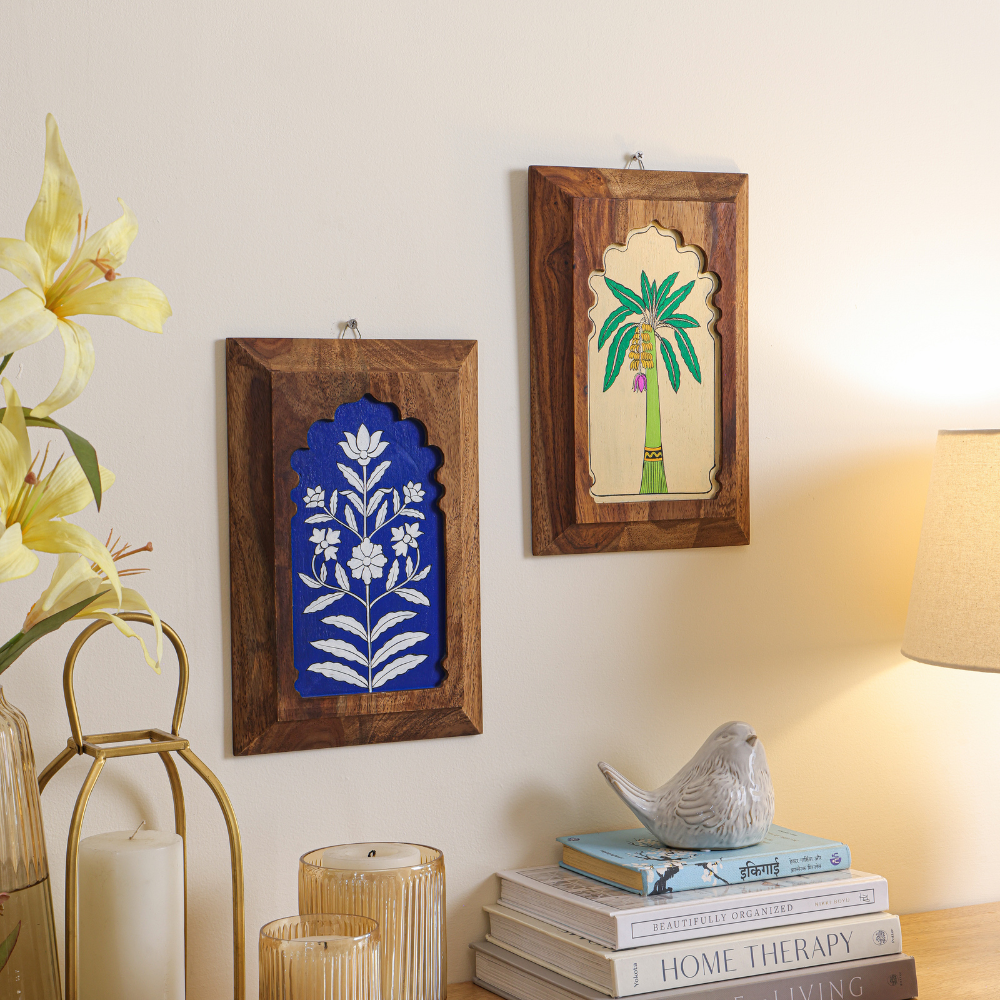 Pair of Mirai Woods Bhaskar Wall Decor Jharokha panels with intricate wood carvings, ideal for traditional home decor.