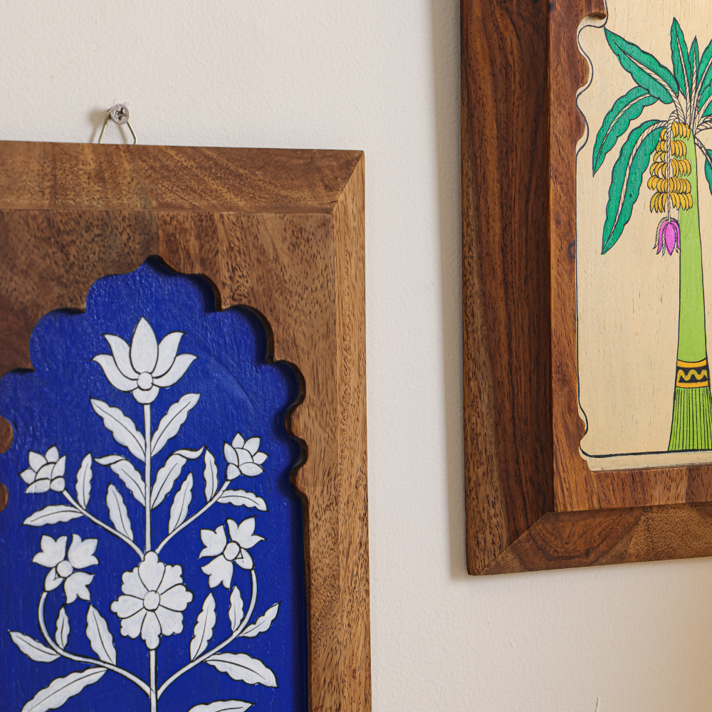 Set of two Bhaskar wall decor Jharokha windows by Mirai Woods, featuring intricate wooden carvings and traditional craftsmanship.