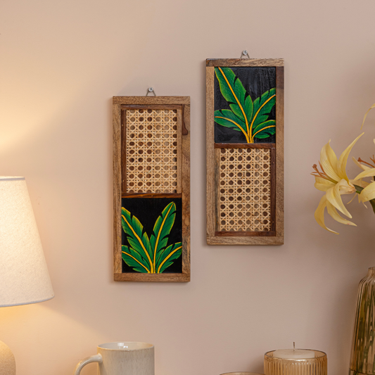Ayojan Tropical Banana Leaf Wall Art Set of 2 | Wooden Frame with Cane Work