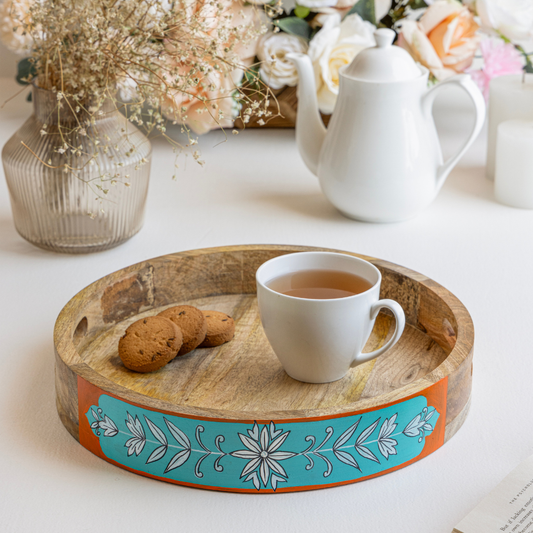 Arit Hand-Painted Mango Wood Serving Tray | 12” Round Tray