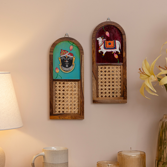 Shrinathji & Kamdhenu Hand-Painted Wall Art Set of 2 | Arch Wooden Frame