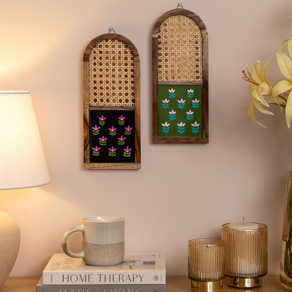 Mirai Woods Arched Wall Decor – Set of 2 | Hand-Painted Sheesham Wood & Rattan Cane Jali Wall Hanging |