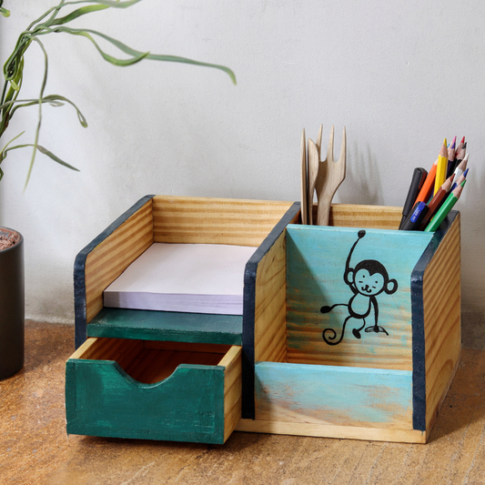 Monkey & Banana Hand-Painted Wooden Desk Organizer | Artistic Pen Stand
