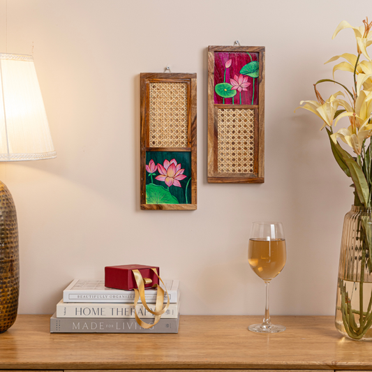 Lotus Pichwai Hand-Painted Wall Art Set of 2 | Wooden Frame with Cane Webbing