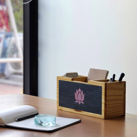 Blooming Lotus Hand-Painted Wooden Desk Organizer | 3-Compartment Pen Stand