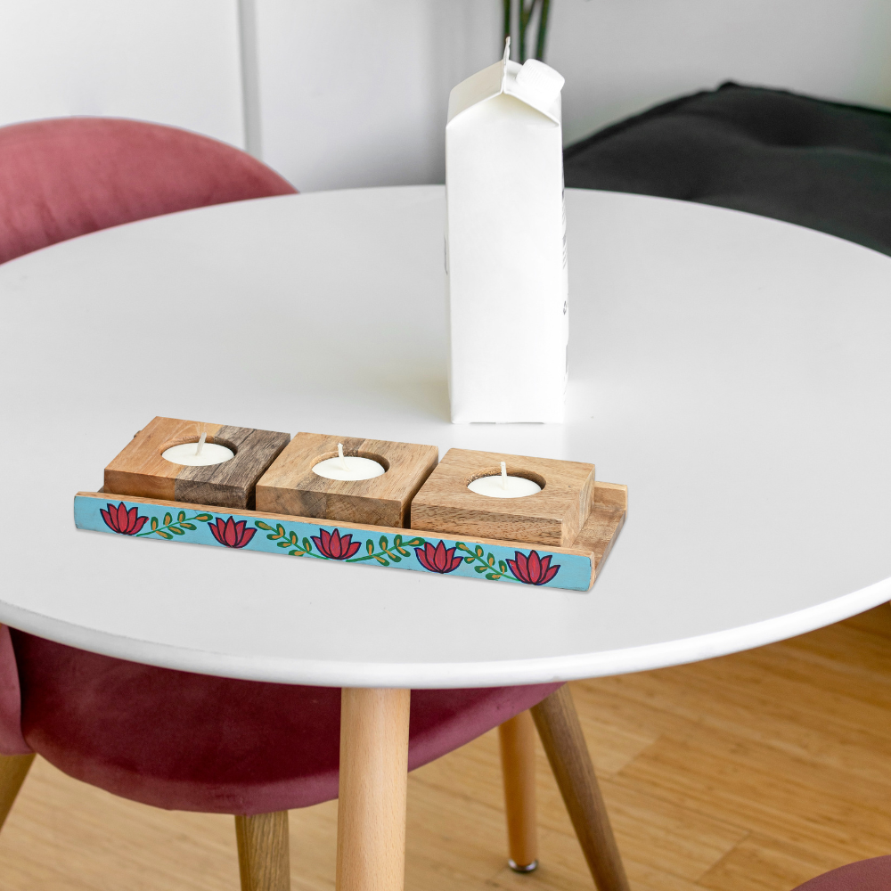 Marvy Melodies Mango Wood T-Light Candle Holder | Set of 3 with Stand