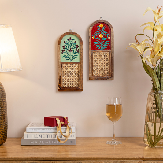 Arched Sheesham Wood Wall Art Set of 2 | Hand-Painted Floral with Cane Jali
