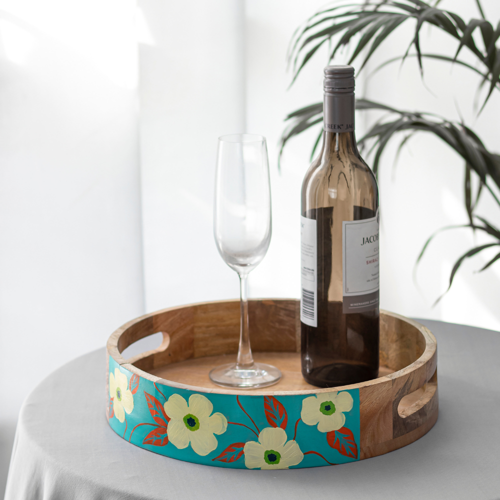 Sidhatva Hand-Painted Mango Wood Serving Tray | 12” Round Tray