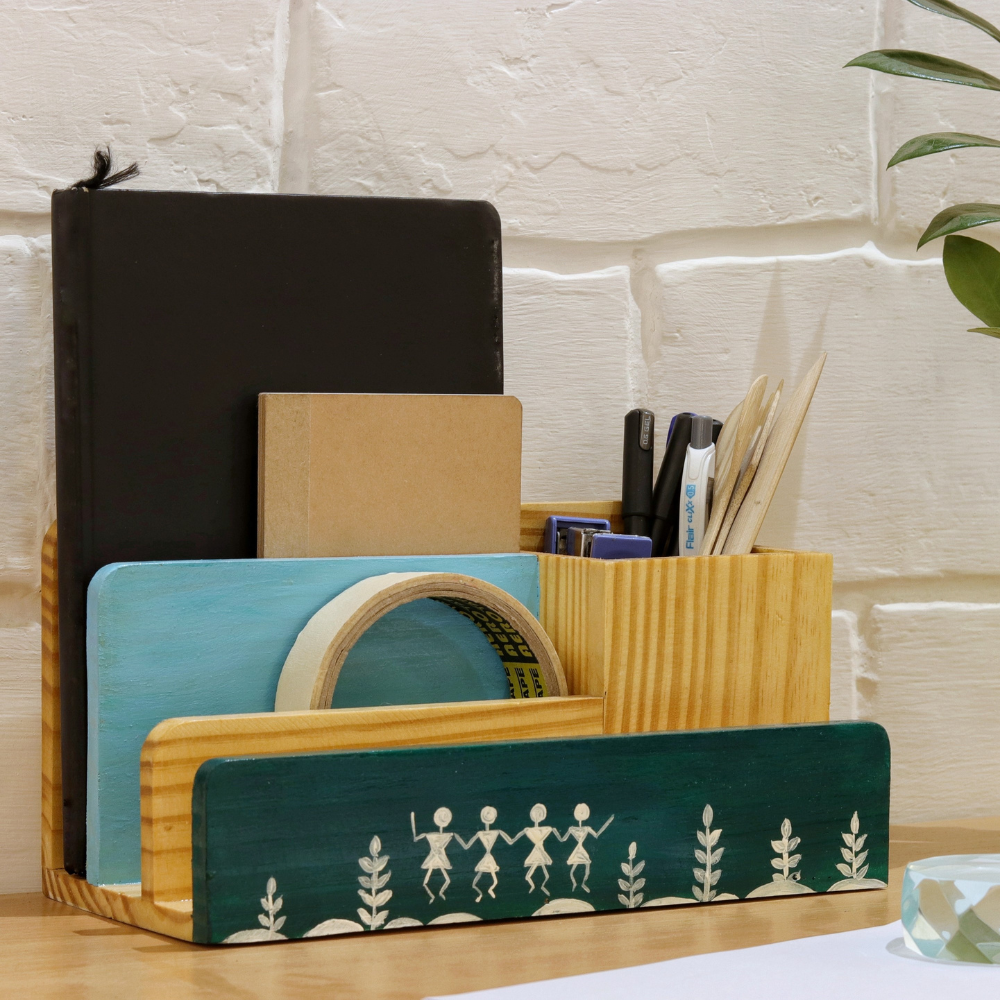 Dancing Tribal Hand-Painted Wooden Desk Organizer | Pen Stand & Book Holder