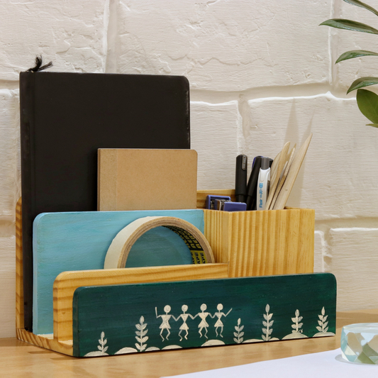 Dancing Tribal Hand-Painted Wooden Desk Organizer | Pen Stand & Book Holder