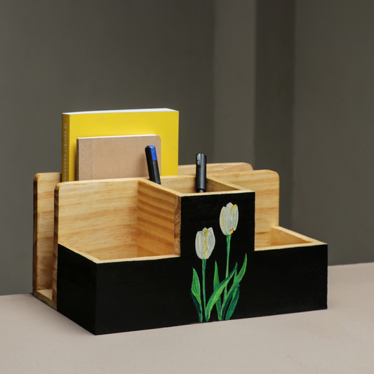 Unblended Petals Hand-Painted Wooden Desk Organizer | Floral Pen Stand