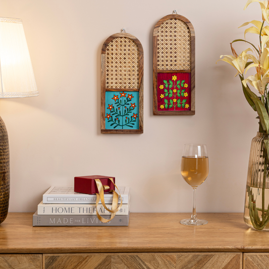 Carva Hand-Painted Sheesham Wood Wall Hanging Set of 2 | Cane Jali Art