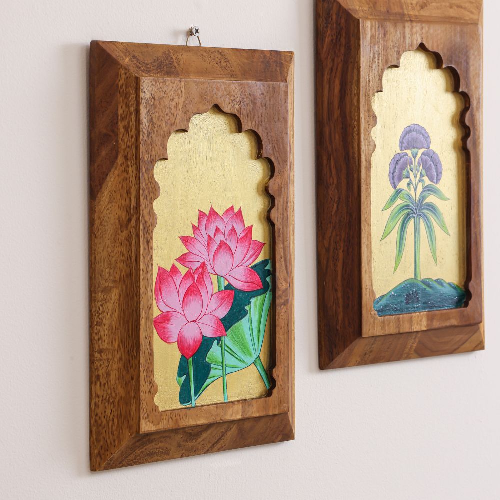 "Padma-Kusuma Dvayam" Sheesham Wall Plates (Set of 2) | Mirai Woods