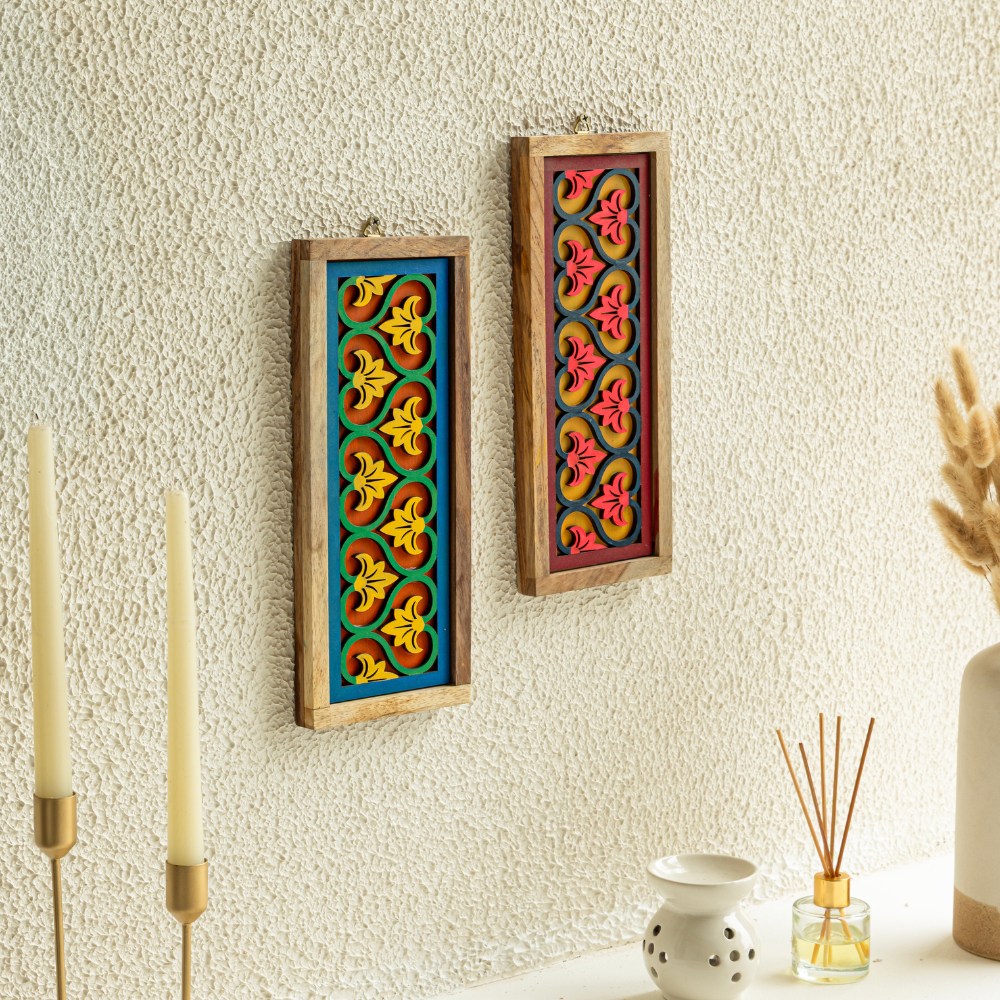 Mirai woods ¨ Sristi-Wall Plates Decor Hanging for Home | Living Room | Dining | Staircase | Wall Hanging | Hand Painted Solid Wood Vertcial Plates | Set of 2 | Size-5"x12"