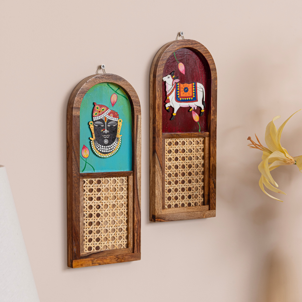 Shrinathji & Kamdhenu Hand-Painted Wall Art Set of 2 | Arch Wooden Frame