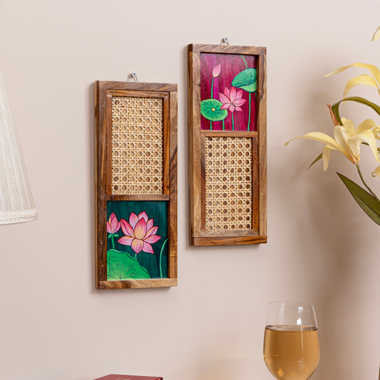 Lotus Pichwai Hand-Painted Wall Art Set of 2 | Wooden Frame with Cane Webbing