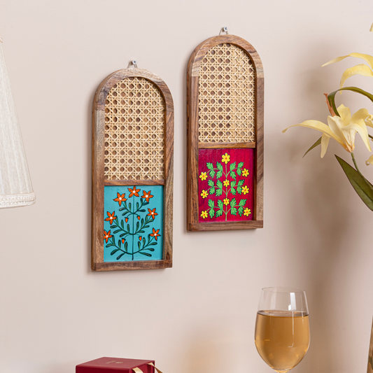 Carva Hand-Painted Sheesham Wood Wall Hanging Set of 2 | Cane Jali Art