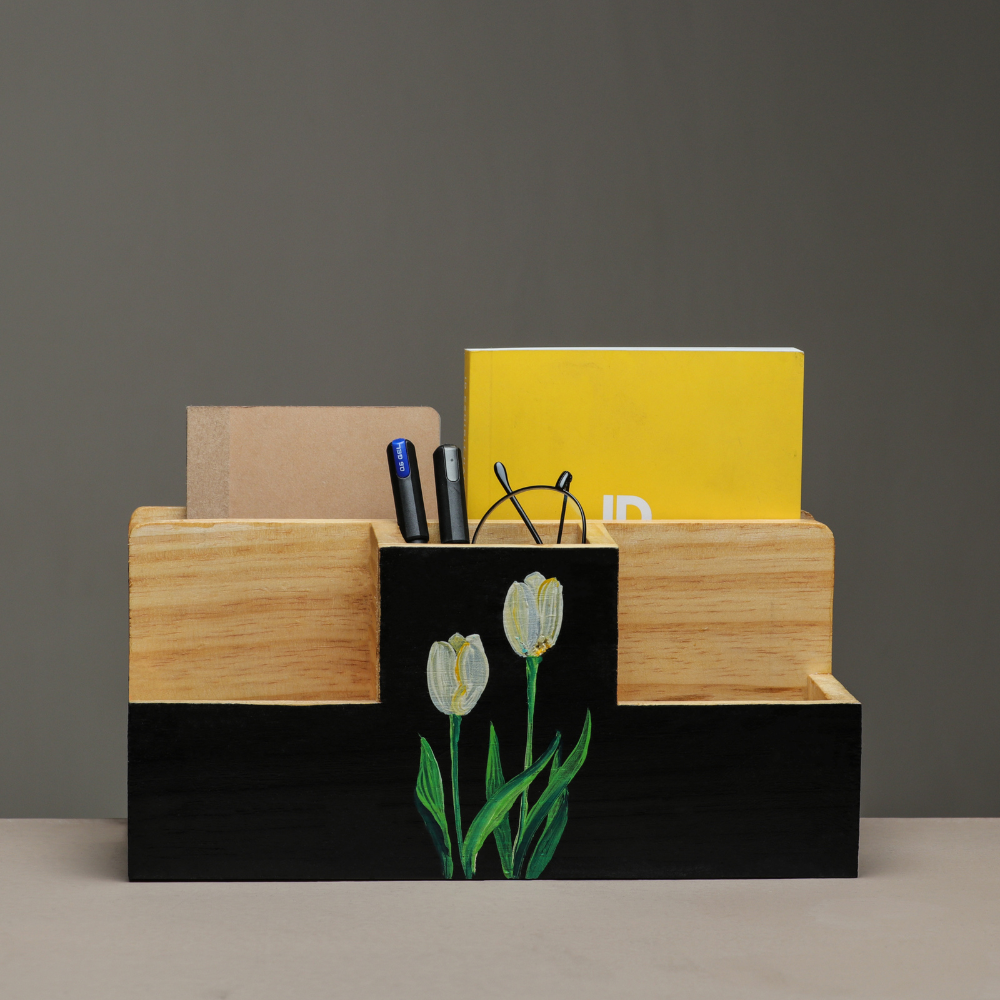 Unblended Petals Hand-Painted Wooden Desk Organizer | Floral Pen Stand