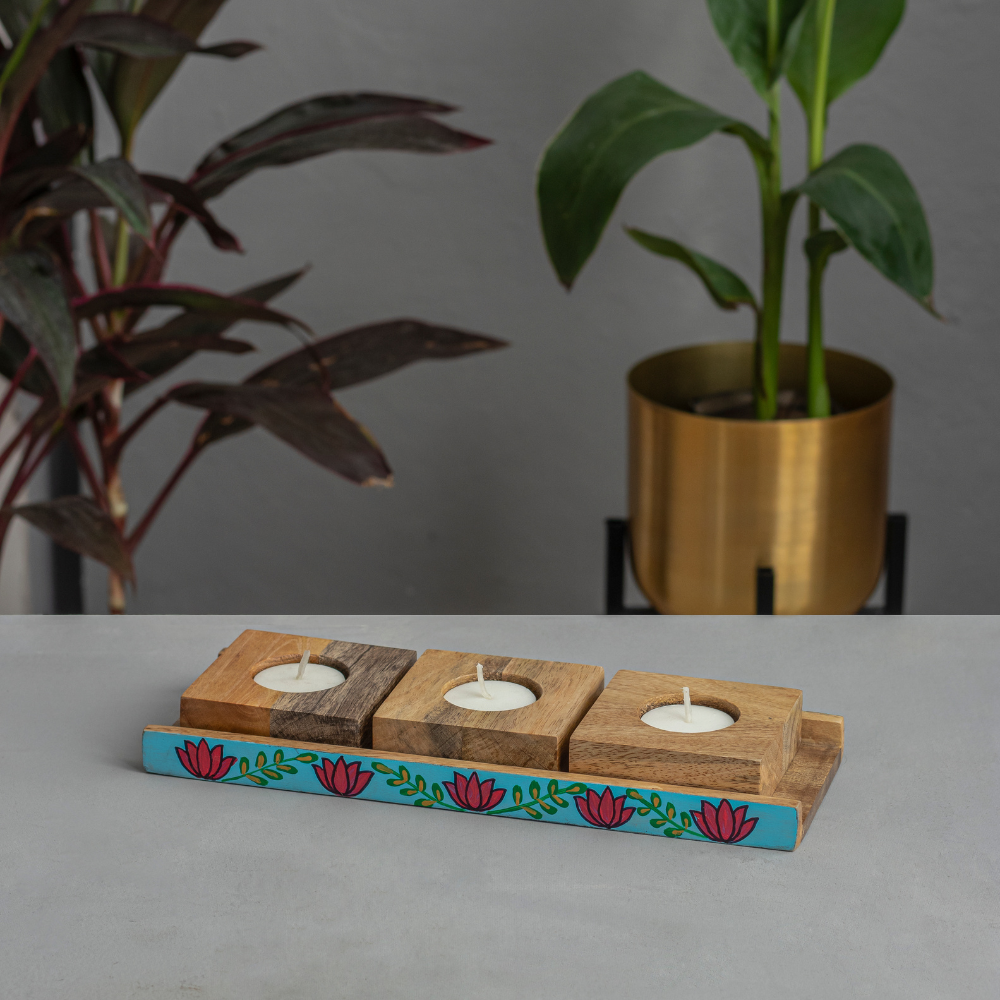 Marvy Melodies Mango Wood T-Light Candle Holder | Set of 3 with Stand