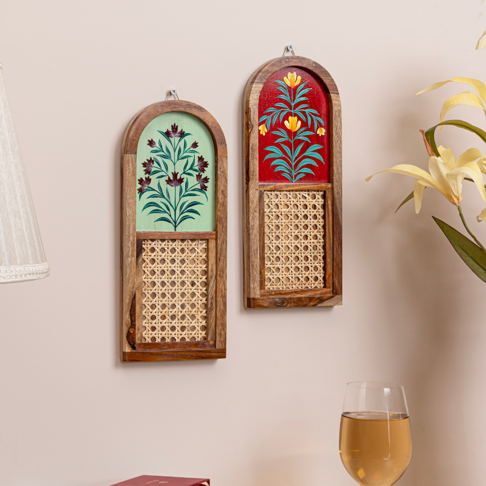 Arched Sheesham Wood Wall Art Set of 2 | Hand-Painted Floral with Cane Jali