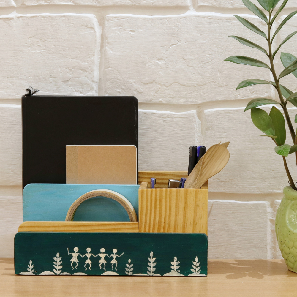 Dancing Tribal Hand-Painted Wooden Desk Organizer | Pen Stand & Book Holder