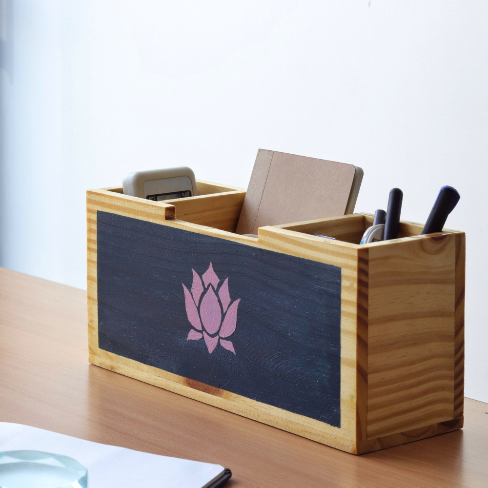 Blooming Lotus Hand-Painted Wooden Desk Organizer | 3-Compartment Pen Stand