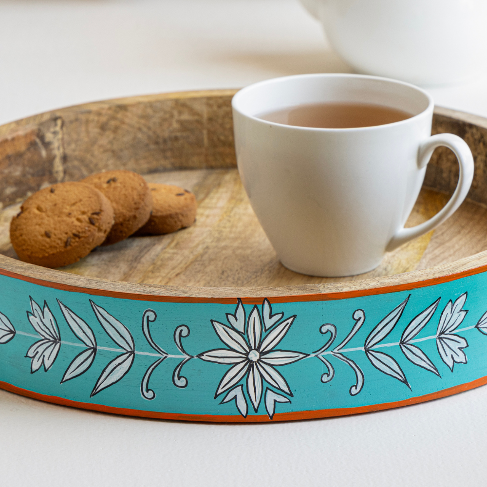 Arit Hand-Painted Mango Wood Serving Tray | 12” Round Tray