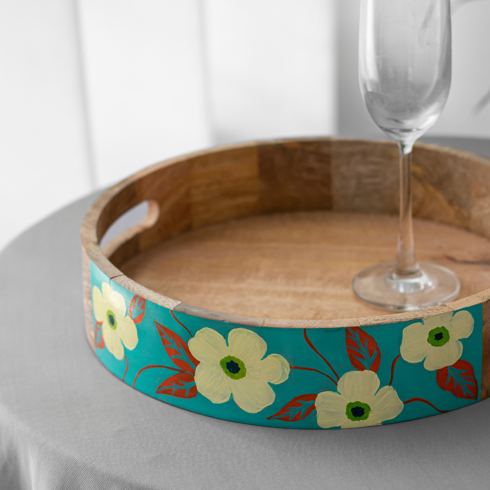 Sidhatva Hand-Painted Mango Wood Serving Tray | 12” Round Tray