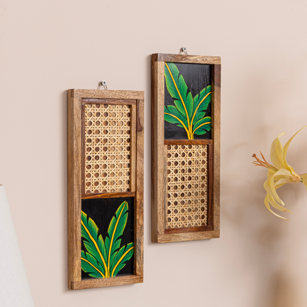 Ayojan Tropical Banana Leaf Wall Art Set of 2 | Wooden Frame with Cane Work