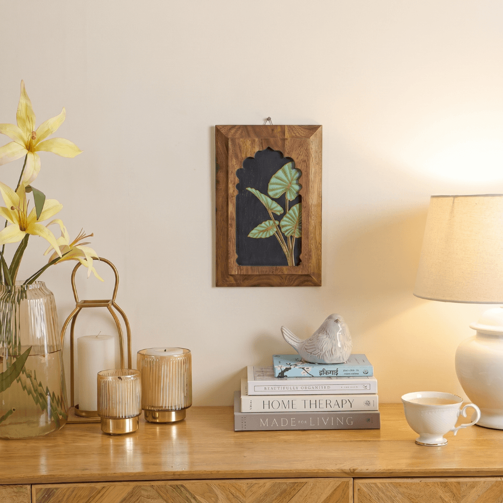 Hand-painted Inu Jharokha wall decor with Taro leaf design by Mirai Woods, made from wood for elegant home wall art.