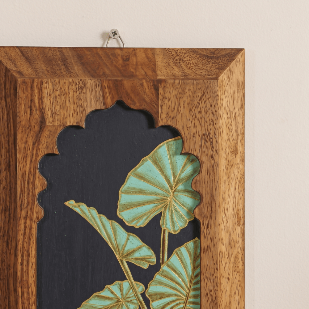 Hand-painted Inu Jharokha wall decor featuring Taro leaf design on wooden art piece by Mirai Woods.