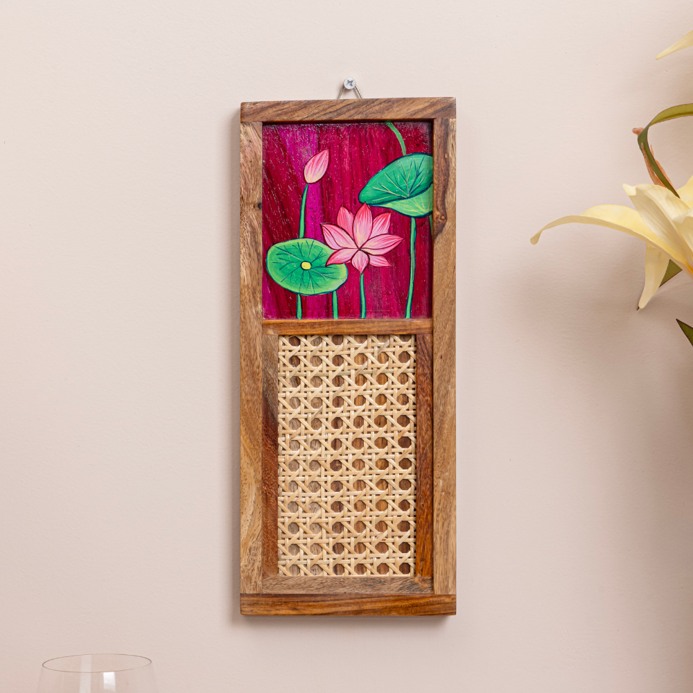 Lotus Pichwai Hand-Painted Wall Art Set of 2 | Wooden Frame with Cane Webbing