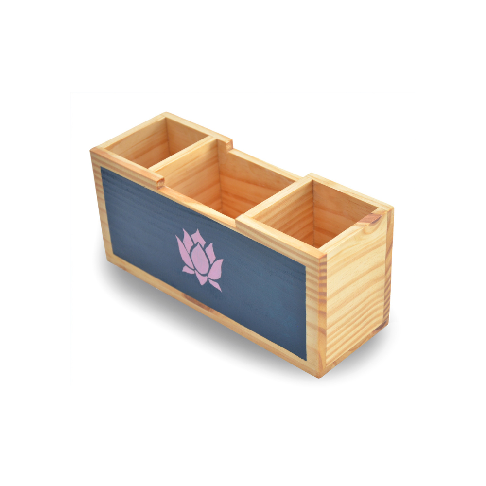 Blooming Lotus Hand-Painted Wooden Desk Organizer | 3-Compartment Pen Stand