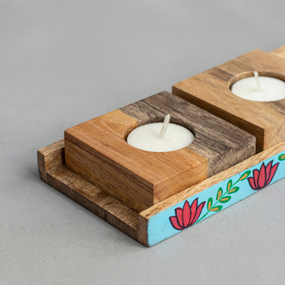 Marvy Melodies Mango Wood T-Light Candle Holder | Set of 3 with Stand