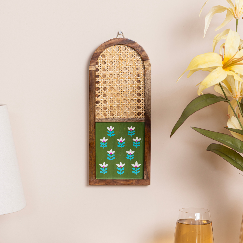 Mirai Woods Arched Wall Decor – Set of 2 | Hand-Painted Sheesham Wood & Rattan Cane Jali Wall Hanging |