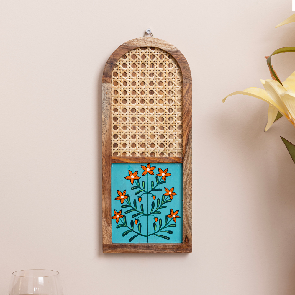 Carva Hand-Painted Sheesham Wood Wall Hanging Set of 2 | Cane Jali Art
