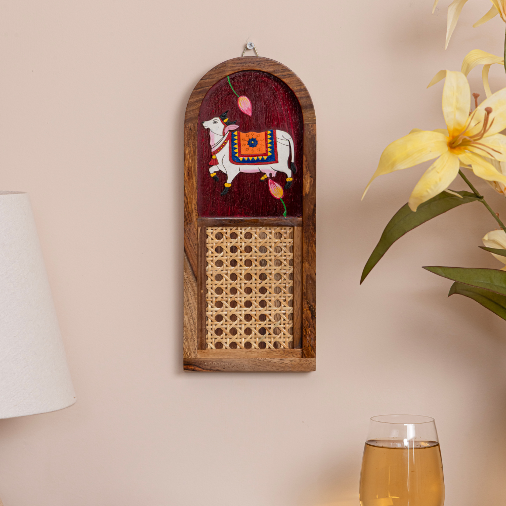 Shrinathji & Kamdhenu Hand-Painted Wall Art Set of 2 | Arch Wooden Frame
