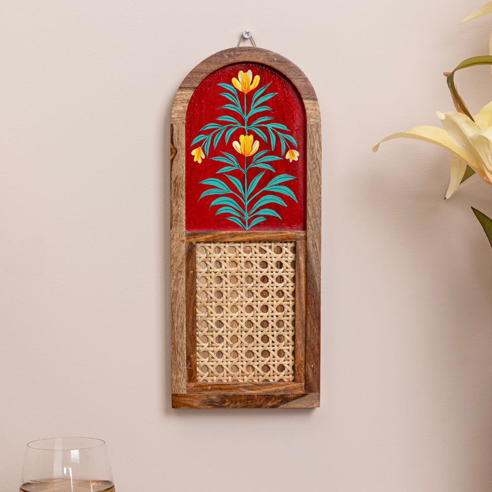 Arched Sheesham Wood Wall Art Set of 2 | Hand-Painted Floral with Cane Jali