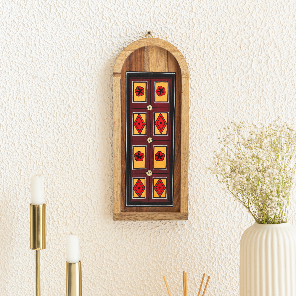 Dwar wooden wall plates from Mirai Woods featuring traditional entryway decor with intricate carved designs.