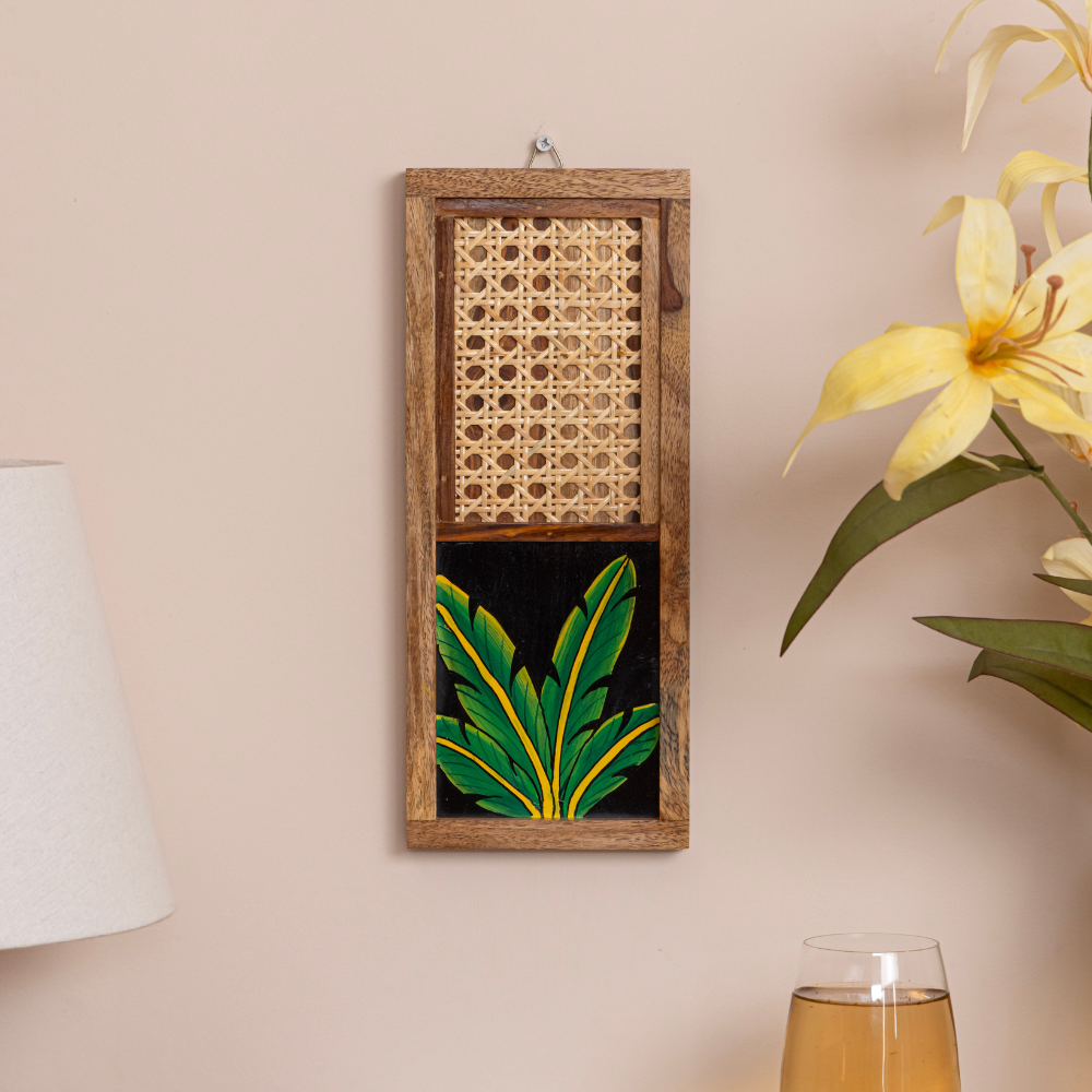 Ayojan Tropical Banana Leaf Wall Art Set of 2 | Wooden Frame with Cane Work