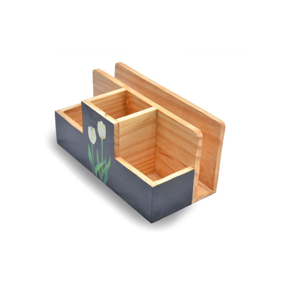 Unblended Petals Hand-Painted Wooden Desk Organizer | Floral Pen Stand
