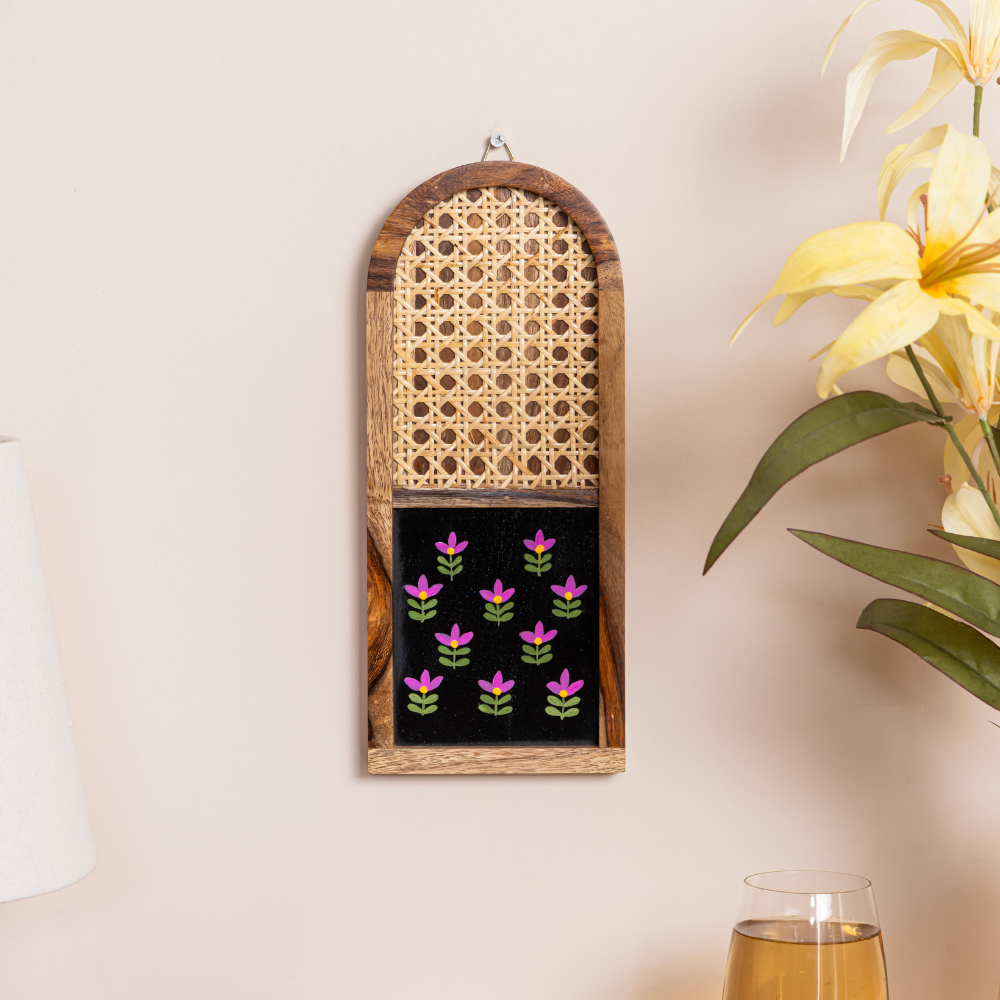 Mirai Woods Arched Wall Decor – Set of 2 | Hand-Painted Sheesham Wood & Rattan Cane Jali Wall Hanging |