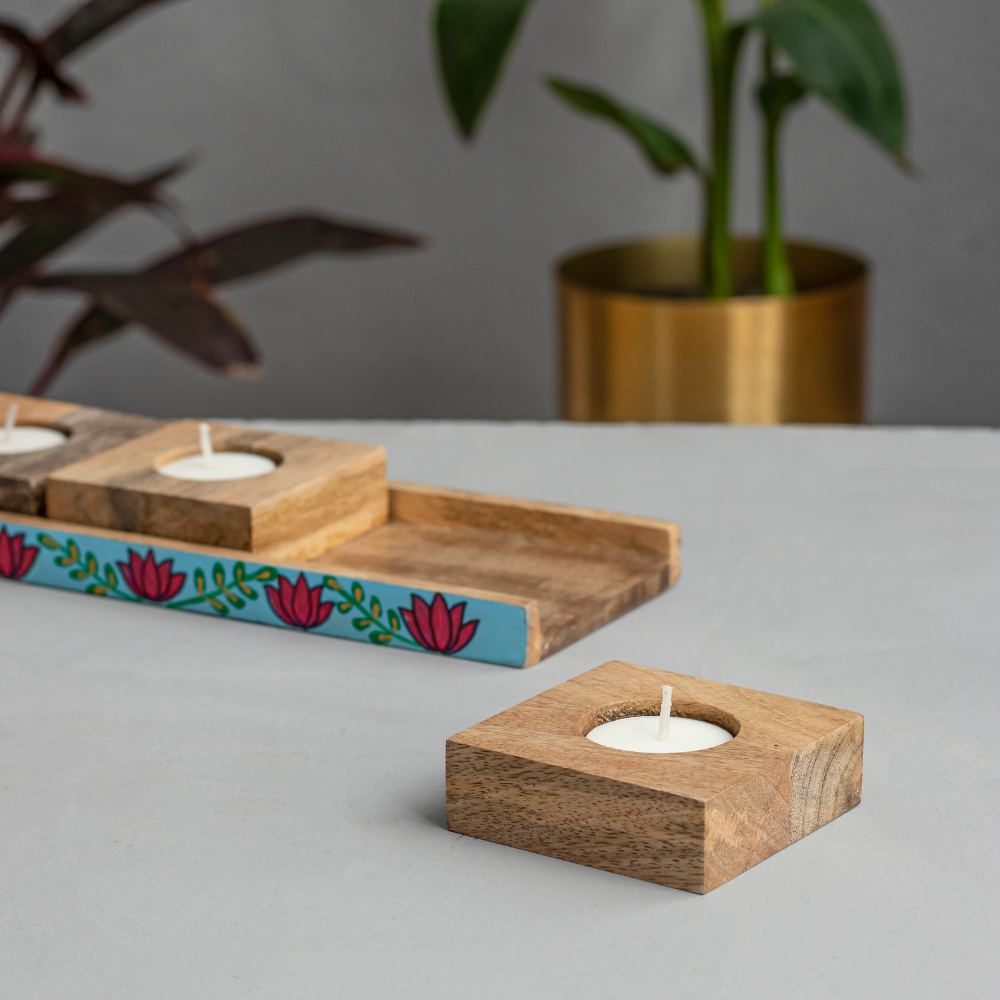 Marvy Melodies Mango Wood T-Light Candle Holder | Set of 3 with Stand